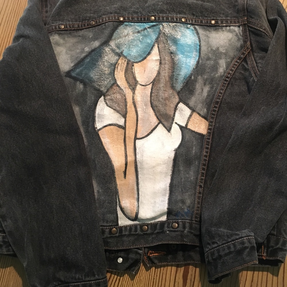 Hand painted Denim Vintage Jacket, Ladies L